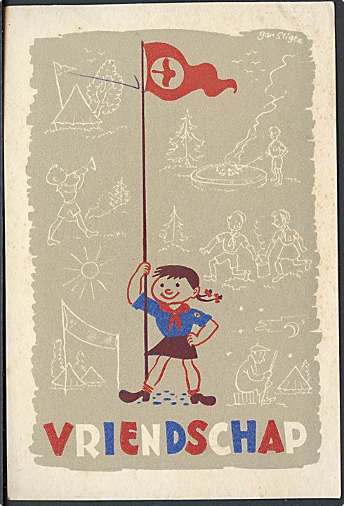 Spejder. International Falcon Movement. 5 kort tegnet af G. Sligte til ung-socialist lejren i Holland 1947.  Kvalitet 7