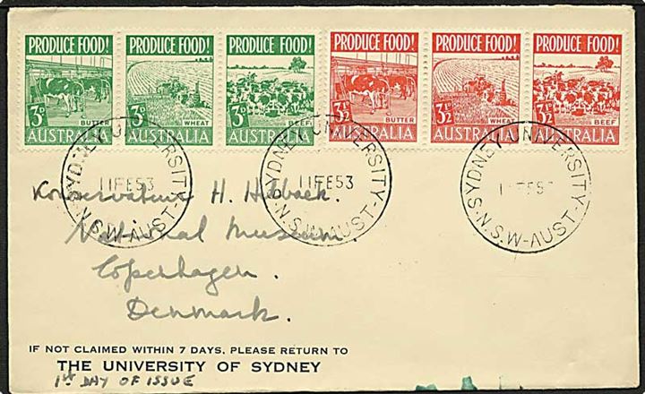 Komplet sæt landbrugsprodukter i sammentryk på FDC stemplet Sydney University d. 11.2.1953 til København, Danmark.