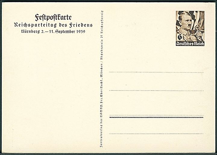 Propaganda. Reichsparteitag Nürnberg 1939. 6 pfg. ill. helsagsbrevkort.  Kvalitet 9