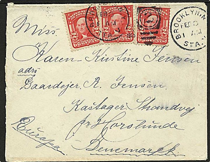 2 cents Washington (3) på brev fra Brooklyn d. 8.2.1905 til Horslunde, Danmark.