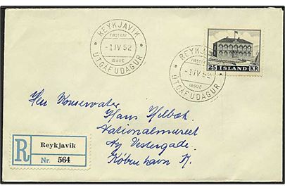 25 kr. Altingshuset på anbefalet FDC fra Reykjavik d. 1.4.1952 til København, Danmark.