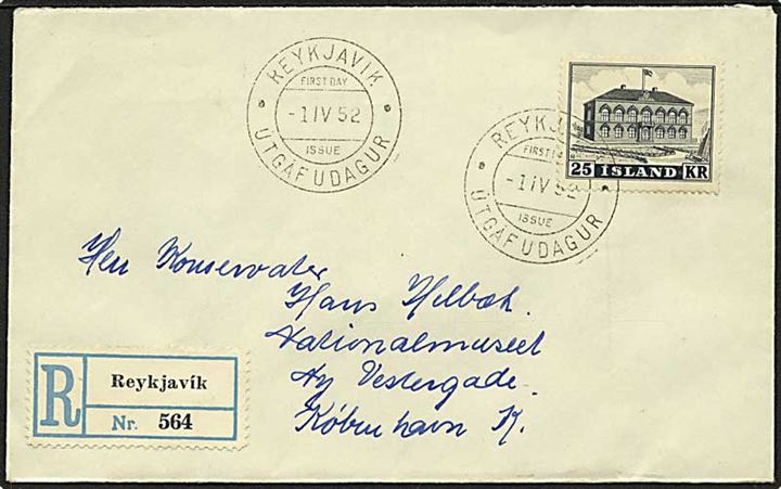 25 kr. Altingshuset på anbefalet FDC fra Reykjavik d. 1.4.1952 til København, Danmark.