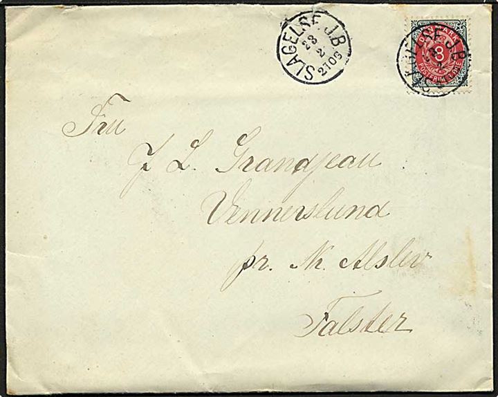 8 øre Tofarvet på brev annulleret med lapidar stempel Slagelse JB. d. 23.2.1899 til Nørre Alslev.