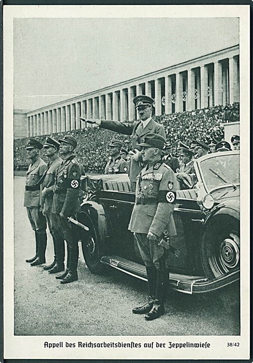 Propaganda. Appell des Reichsarbeitsdienstes auf der Zeppelinweise. Photo Hoffmann no. 38/42. Kvalitet 8