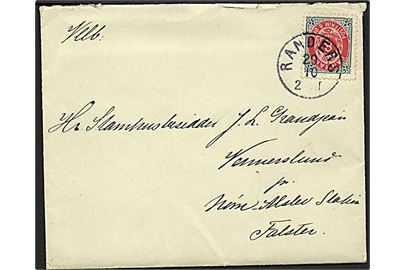 8 øre Tofarvet omv. ramme på brev annulleret med lapidar stempel Randers d. 20.10.1898 til Nørre Alslev.