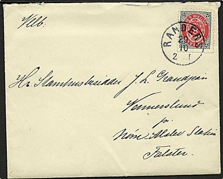 8 øre Tofarvet omv. ramme på brev annulleret med lapidar stempel Randers d. 20.10.1898 til Nørre Alslev.