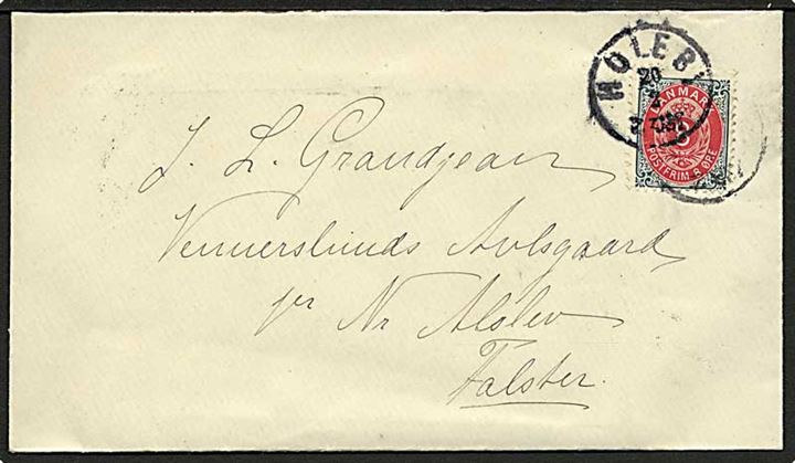 8 øre Tofarvet på brev annulleret med lapidar stempel Holeby d. 20.2.1898 til Nr. Alslev.