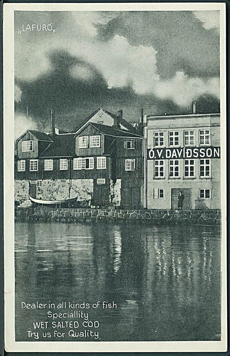 Thorshavn, “Lafuró”. Reklamekort med Ó.V.Davidssons fiskeeksport. Stenders no. 70125. Kvalitet 9