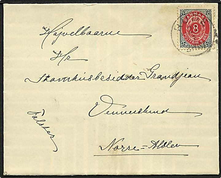 8 øre Tofarvet omv. ramme på brev annulleret med lapidar stempel Rude d. 23.1.1900 til Nr. Alslev.