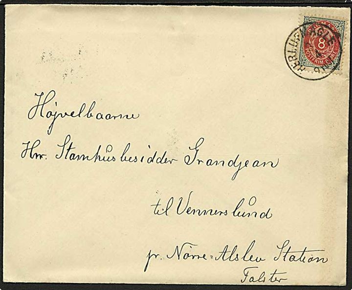 8 øre Tofarvet på brev annulleret med lapidar stempel Herlufmagle d. 3.4.1895 til Nr. Alslev.