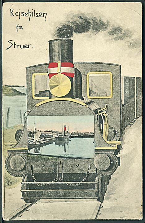 Struer, “Rejsehilsen fra” med lokomotiv og parti fra havnen. Stenders no. 5396. Kvalitet 7