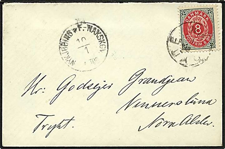 8 øre Tofarvet omv. ramme på brev annulleret med lapidar VI stempel Ryde d. 9.1.1901 og sidestemplet Nykjøbing p.F. - Nakskov til Nr. Alslev.