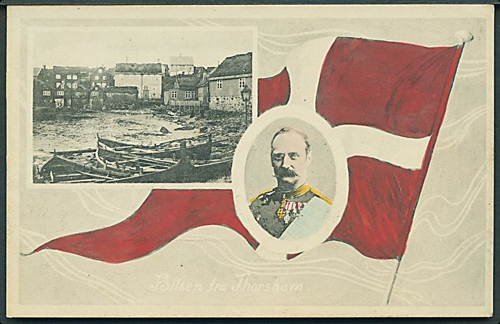 Thorshavn, “Hilsen fra” med flag og Fr. VIII i forb. med Kongerejsen 1907. H. N. Jacobsen u/no. Kvalitet 8