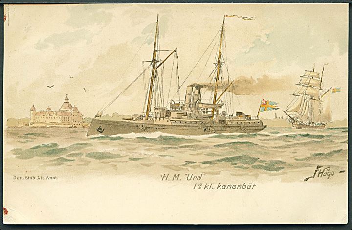 Sverige. “Urd”, HMS Kanonbåt 1. klasse i Øresund. J. Häga. Gen. Stab. Lit. Anst. u/no. Sank i Øresund 1913. Kvalitet 7