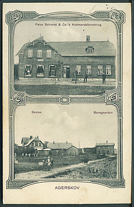 Agerskov, Peter Schmidt & Co.’s Købmandsforretning, skole og banegård. C. C. Biehl no. 1249 Kvalitet 8