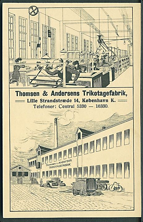 Købh., Lille Strandstræde 14. Thomsen og Andersens Trikotagefabrik. Reklamekort u/no. Kvalitet 10