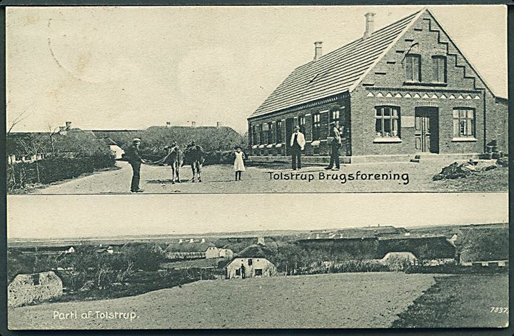 Tolstrup, Brugsforening og udsigt over landsbyen. H. Sørensen no. 7837. Kvalitet 8
