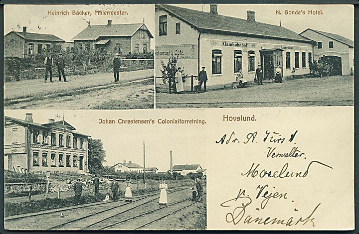Hovslund, Købmand Chrestensen m. jernbaneskinner, Malermester Bäcker, Bonde’s Hotel. A. Juul u/no. Kvalitet 7