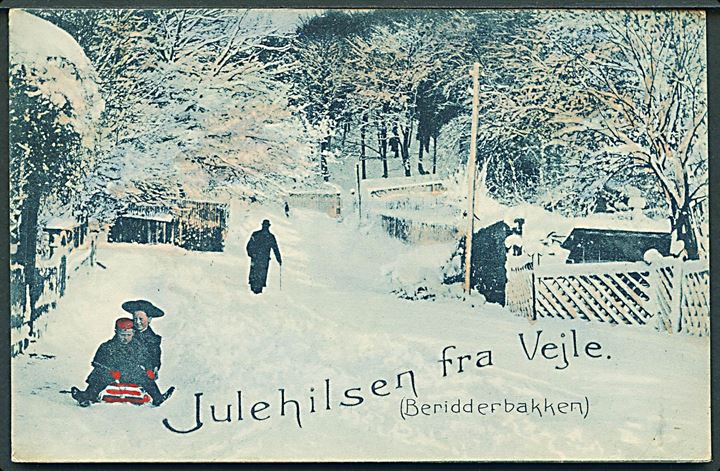 Vejle, “Julehilsen fra” med Beridderbakken i sne. Hvidehus Boglade no. 16176b. Kvalitet 8