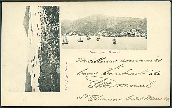 D.V.I., St. Thomas. Partier fra havn med skibe. U/no. Frankeret med 10 cents. Tofarvet til Martinique 1899. Kvalitet 9