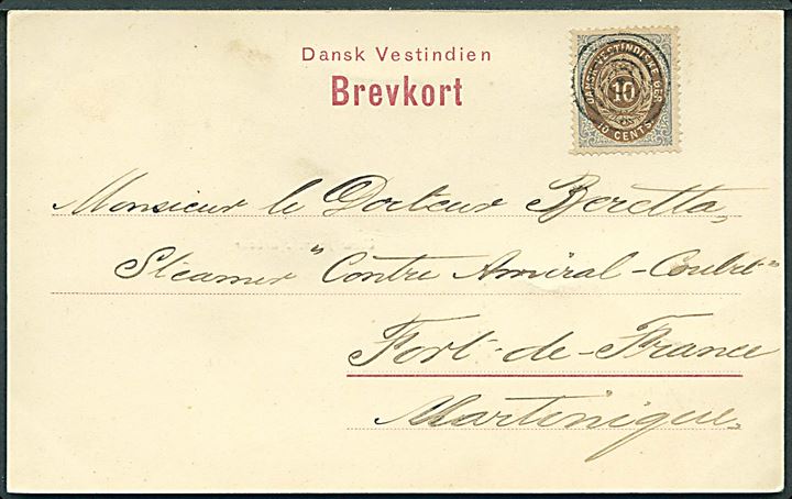 D.V.I., St. Thomas. Partier fra havn med skibe. U/no. Frankeret med 10 cents. Tofarvet til Martinique 1899. Kvalitet 9