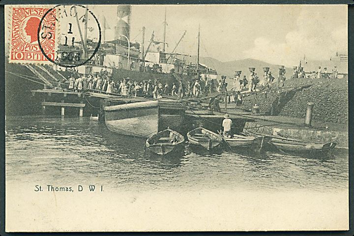 D.V.I., St. Thomas, losning af kul. Lightbourn no. 13. Anvendt til Frankrig 1906. Kvalitet 8