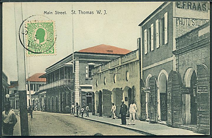 D.V.I., St. Thomas, Main Street med E. Fraas fotostudie og postkorthandel. E. Fraas u/no. Uadresseret. Kvalitet 8