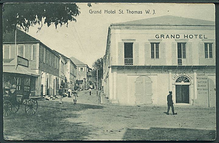 D.V.I., St. Thomas, Grand Hotel. E. Fraas u/no. Med 5 bit Fr. VIII sendt lokalt 1909. Kvalitet 7