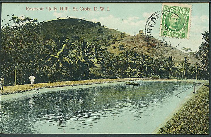 D.V.I., St. Croix, Jolly Hill reservoir. U/no. 5 bit Chr. IX fra Frederiksted 1911 til Frankrig. Kvalitet 8