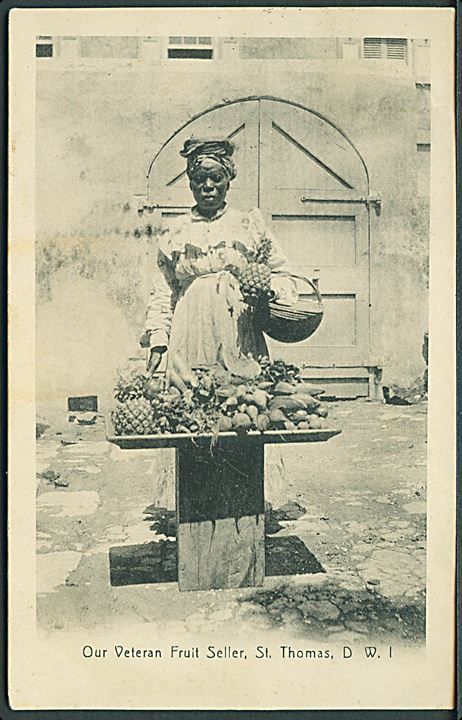 D.V.I., St. Thomas, Old Veteran Fruit Seller. Lightbourn no. 90. Med 5 bit Chr. IX sendt lokalt 1907. Kvalitet 8