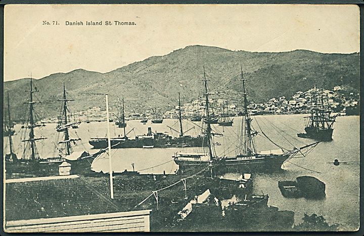 D.V.I., St. Thomas, havneparti med damp- og sejlskibe. H. S. Duperly no. 71. På bagsiden påtrykt “Jamaica”. Kvalitet 7