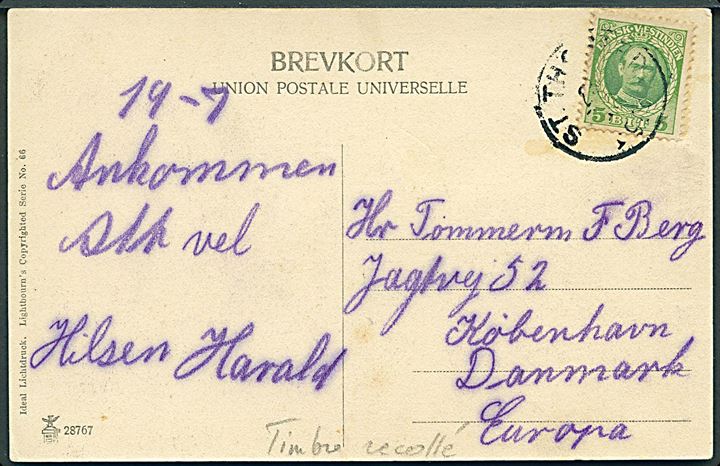 D.V.I., St. Thomas, The Veteran Postman. Lightbourn no. 66. Med 5 bit Fr. VIII til Danmark 1909. Kvalitet 7