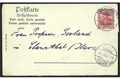 10 pfg. Germania på menukort fra NDL damper Kaiser Wilhelm der Grosse sendt som korrespondancekort fra Bremerhaven d. 18.7.1903 til Clausthal, Tyskland. Noget nusset.