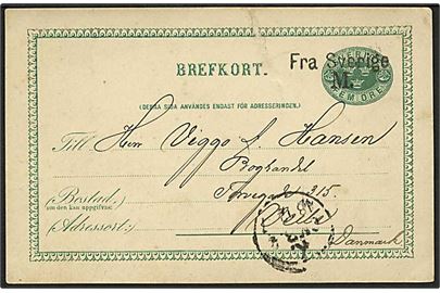 5 öre helsagsbrevkort fra Malmö annulleret med skibsstempel Fra Sverige M. og sidestemplet K. OMB. d. 18.12.1887 til Vejle, Danmark. Fold.