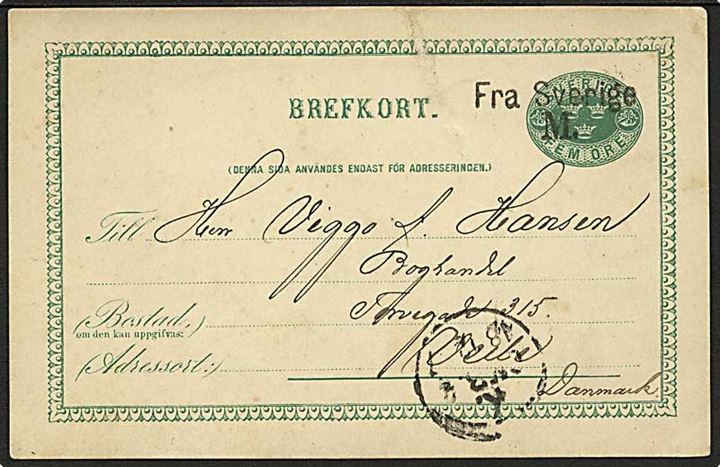 5 öre helsagsbrevkort fra Malmö annulleret med skibsstempel Fra Sverige M. og sidestemplet K. OMB. d. 18.12.1887 til Vejle, Danmark. Fold.