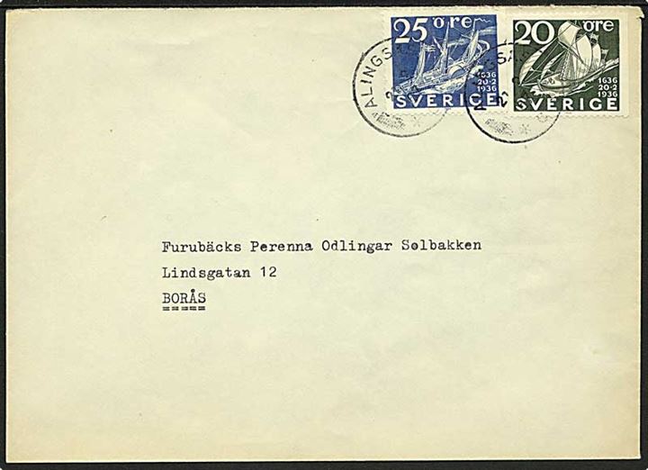 20 öre og 25 öre Postjubilæum på brev fra Alingsås d. 21.2.1937 til Borås.