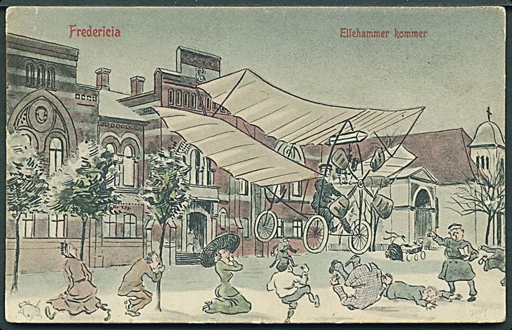 Fredericia, “Ellehammer kommer”. Tegnet af Valdemar Vaaben. Warburg u/no. Kvalitet 7