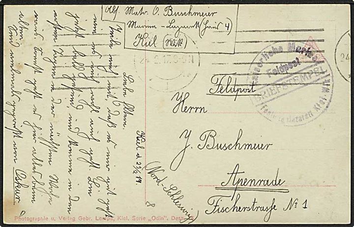Ufrankeret feltpostbrevkort (S.M.S. Kolberg) fra Kiel d. 24.2.1917 til Apenrade. Briefstempel fra Festungslazarett Kiel-Wik.