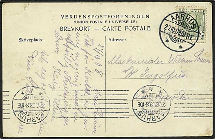 5 øre Fr. VIII på brevkort fra Aarhus d. 27.10.1908 til maskinmester ombord på S/S Ingolfus, Reykjavik, Island.