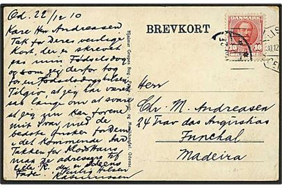 10 øre Fr. VIII på brevkort fra Odense d. 22.12.1910 via Paris og Lissabon til Funchal, Madeira. 