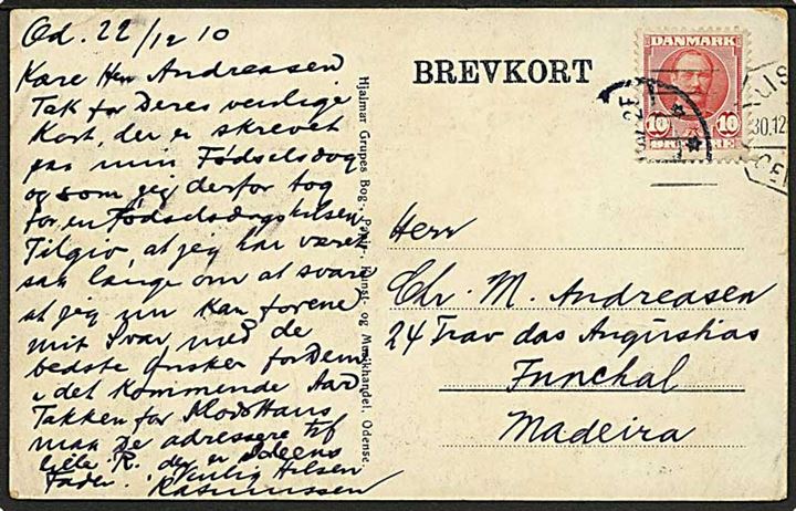 10 øre Fr. VIII på brevkort fra Odense d. 22.12.1910 via Paris og Lissabon til Funchal, Madeira. 