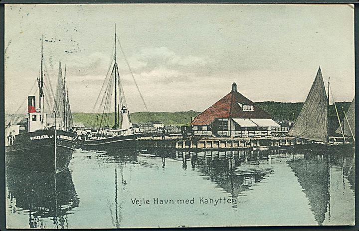 Vejle, havn med Kahytten og dampskibet “Munkebjerg”. Chr. Hansen no. 2663. Kvalitet 8