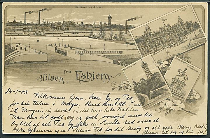 Esbjerg, “Hilsen fra” med havn, vandtaarn, theater og rytterstatue. U/no. Kvalitet 7