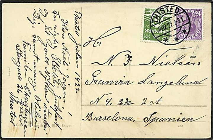 10 øre Bølgelinie og 15 øre Chr. X på brevkort fra Thisted d. 14.12.1922 til Barcelona, Spanien.