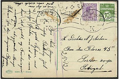 10 øre Bølgelinie og 15 øre Chr. X på brevkort fra København d. 19.12.1921 til Porto, Portugal.