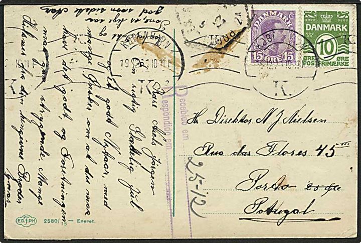 10 øre Bølgelinie og 15 øre Chr. X på brevkort fra København d. 19.12.1921 til Porto, Portugal.