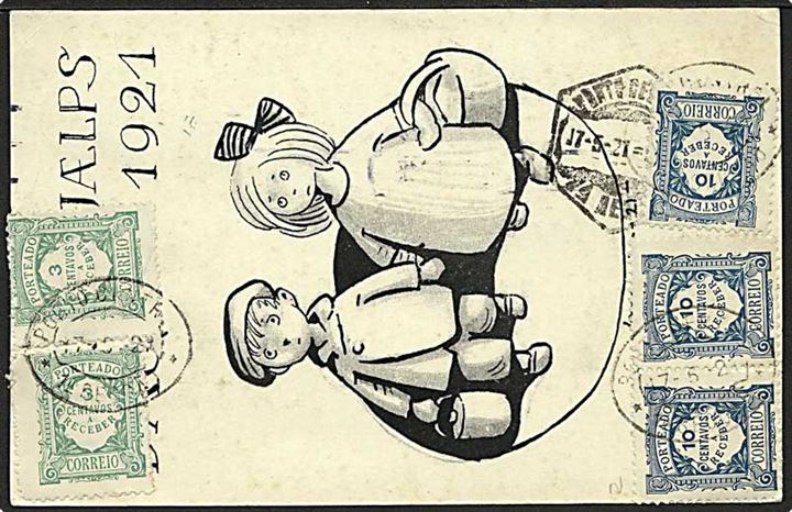 10 øre Genforening i parstykke på underfrankeret brevkort (Børnehjælpsdagen 1921) til Oporto, Portugal. Udtakseret i 36 c. portugesisk porto med 3 c. (2) og 10 c. (3) Portomærker annulleret med ovalt stempel.