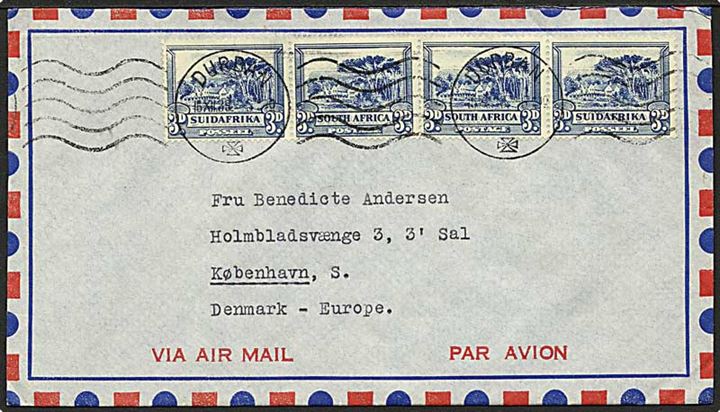 3d i to 2-sprogede parstykker på luftpostbrev fra Durban d. 15.12.1938 til København, Danmark. Fra sømand ombord på M/S Olympia, Dampskibsselskabet Orient.