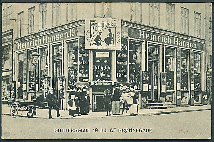 Købh., Gothersgade 19 og hj. af Grønnegade med Heinrich Hansen’s skotøjsforretning. Elite Lystryk u/no. Kvalitet 7