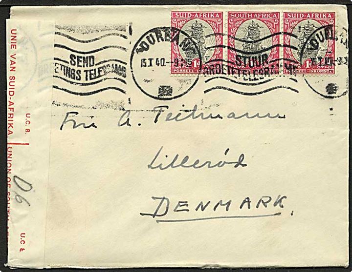 1d Skib i 2-sproget trestribe på brev fra Durban d. 15.1.1940 til Lillerød, Danmark. Åbnet af sydafrikansk censur.